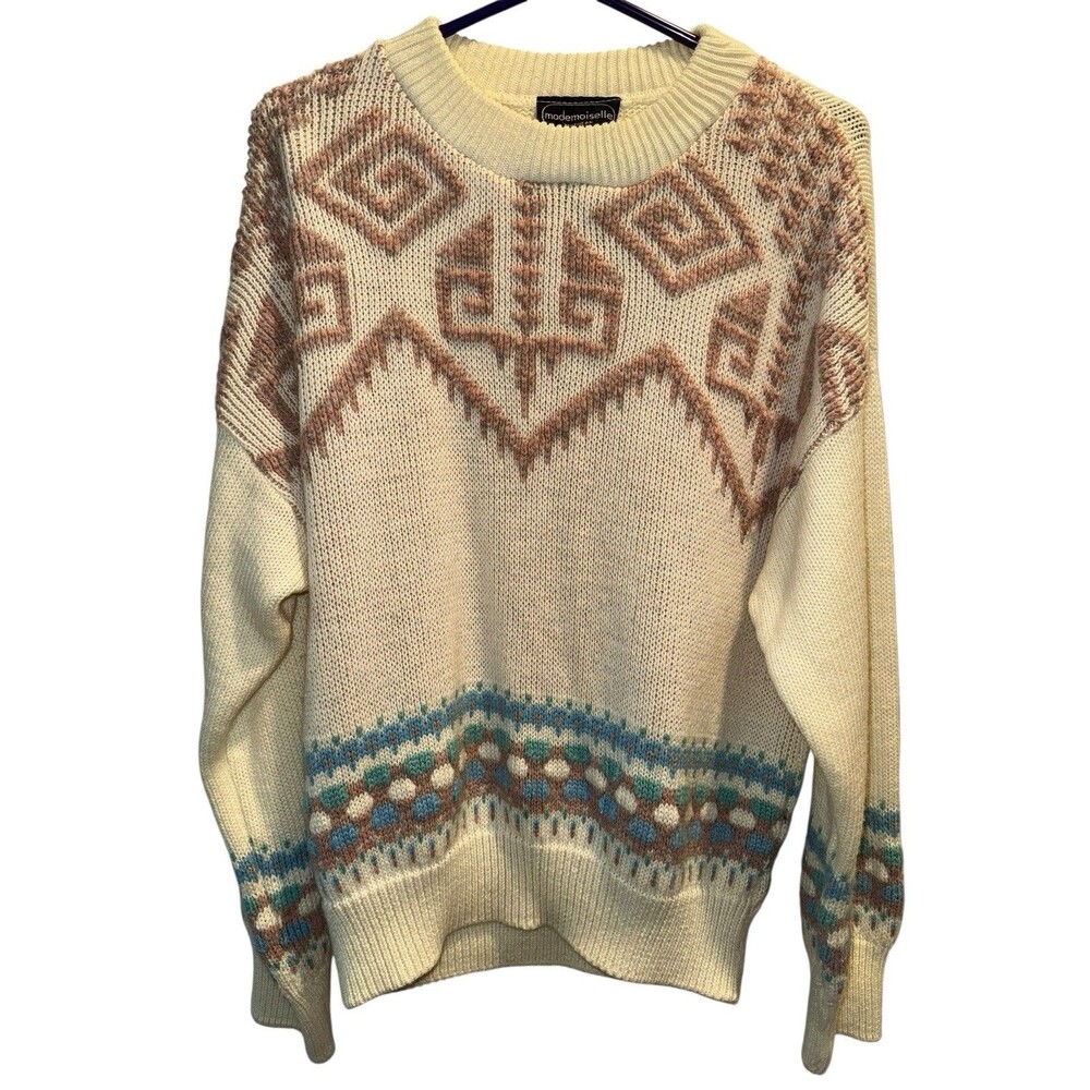 Vintage Mademoiselle Sweater Cream Geometric Dots 3D Knit 90s Women's Large READ